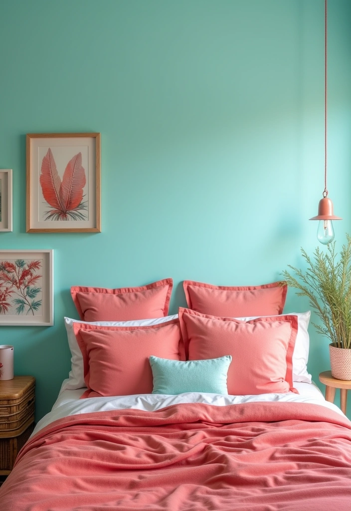 25+ Bedroom Color Scheme Ideas - 21. Refreshing Aqua and Coral