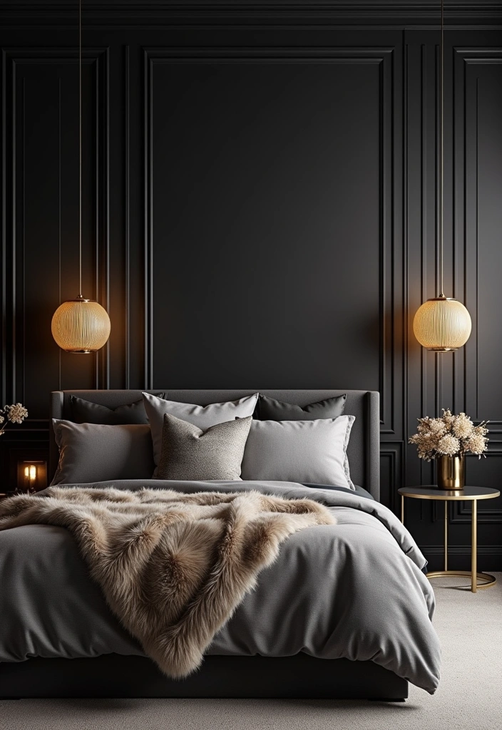 25+ Bedroom Color Scheme Ideas - 5. Dark Charcoal and Gold Accents