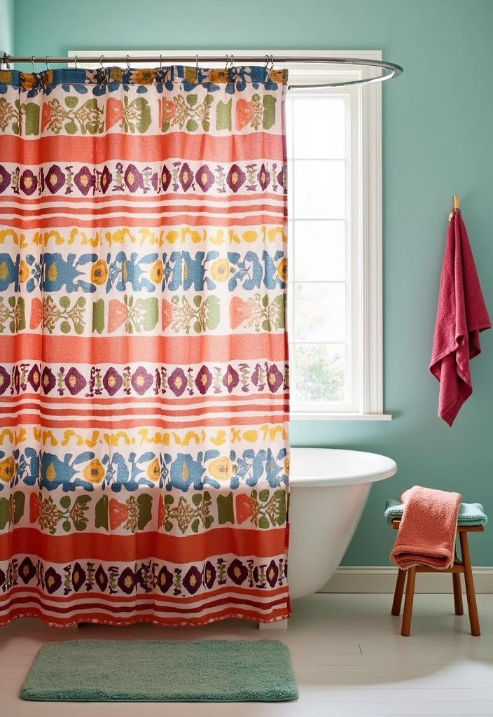 25+ Boho Bathroom Ideas to Transform Your Space - 16. Playful Shower Curtains