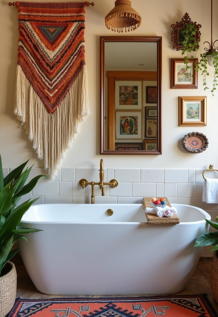 25+ Boho Bathroom Ideas to Transform Your Space - 6. Artistic Wall Decor