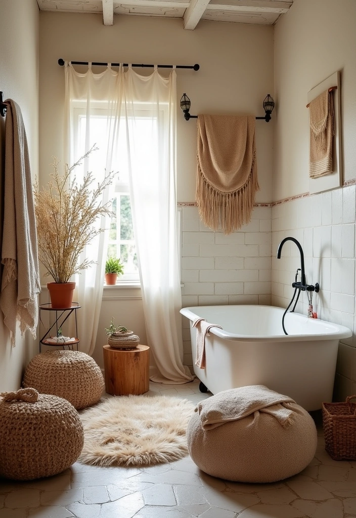 25+ Boho Bathroom Ideas to Transform Your Space - 8. Cozy Textiles and Layers