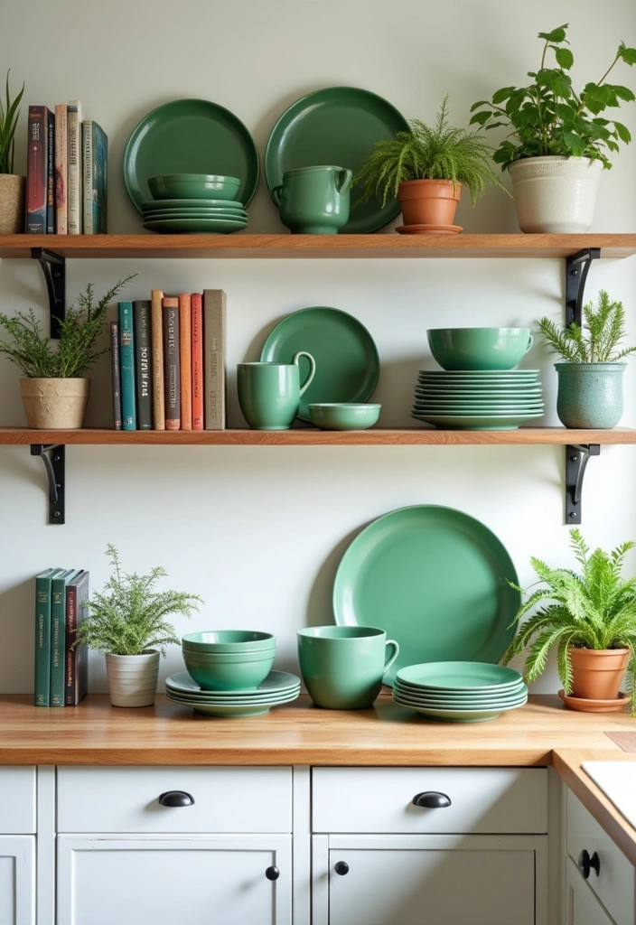 25+ Green Kitchen Ideas [Sage, Olive & More] - 11. Open Shelving with Green Accents