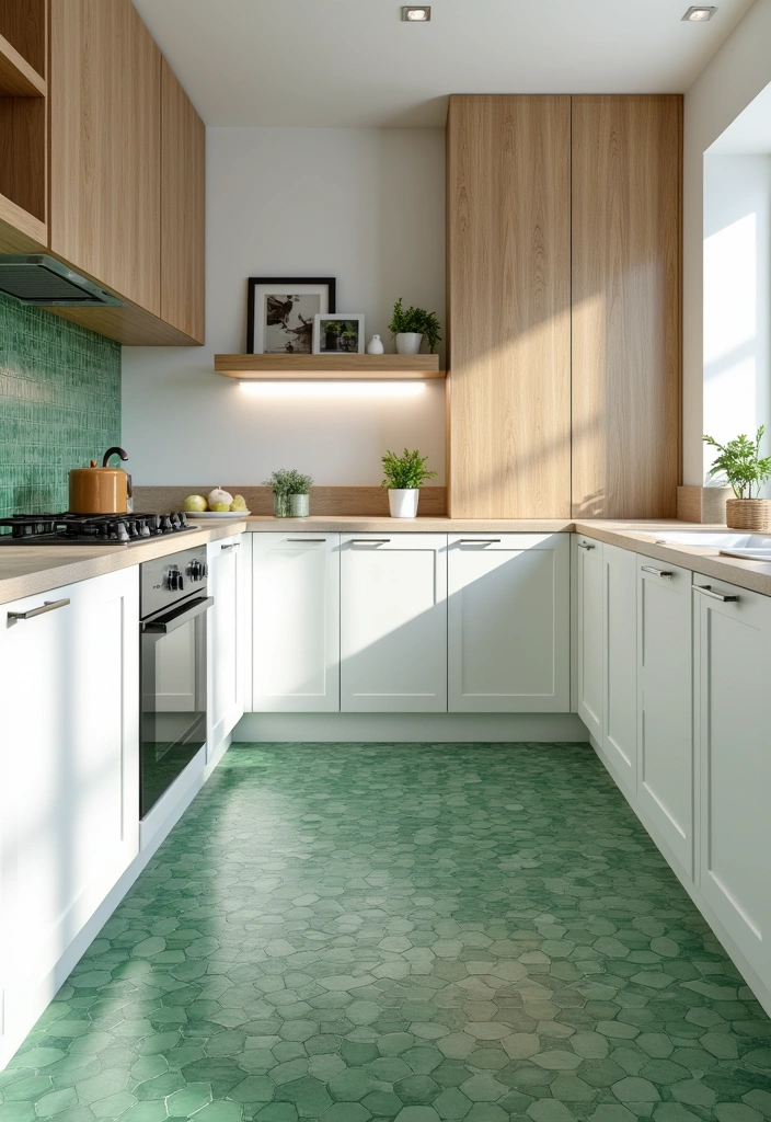 25+ Green Kitchen Ideas [Sage, Olive & More] - 12. Green Tile Flooring