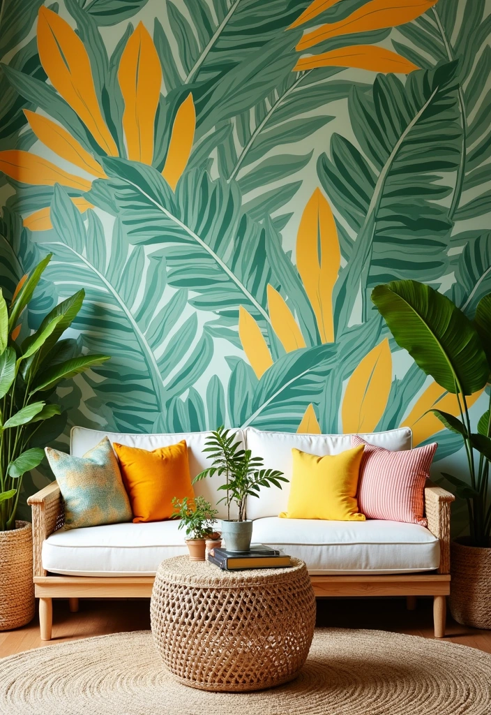 25+ Living Room Wallpaper Ideas - 4. Tropical Prints for a Vibrant Look