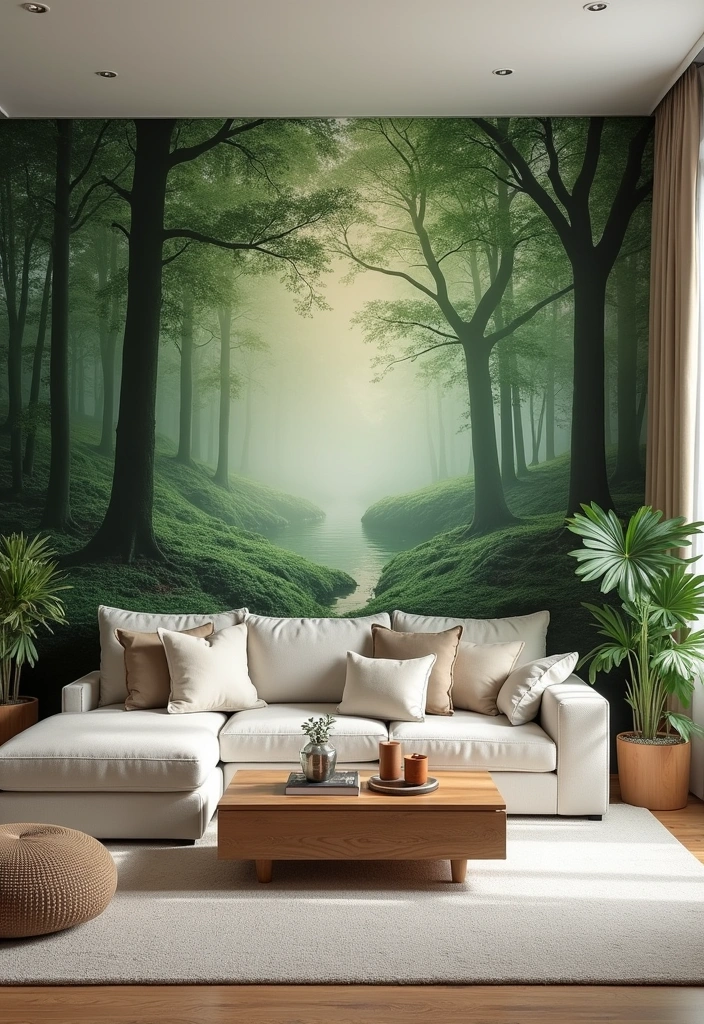 25+ Living Room Wallpaper Ideas - 6. Nature-Inspired Murals