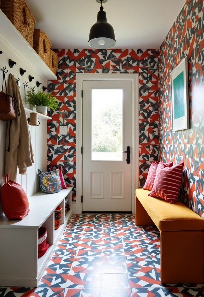 25+ Mudroom Ideas That Are Stylish and Functional - 12. Bold Graphic Patterns