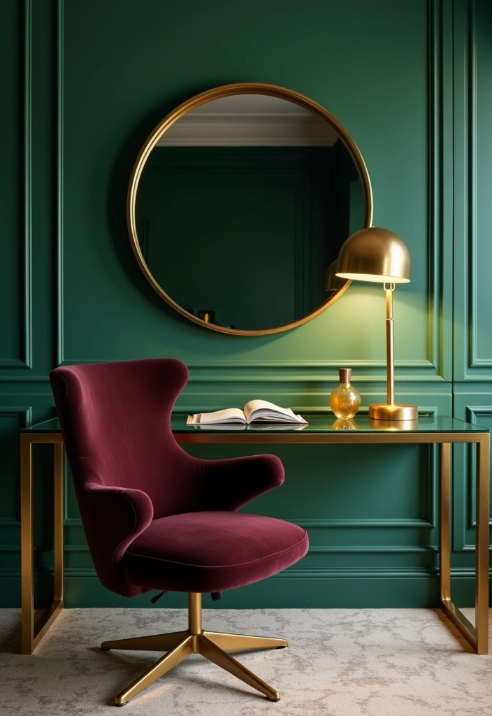 25+ Stylish Moody Office Ideas - 3. Jewel Tones and Gold Accents