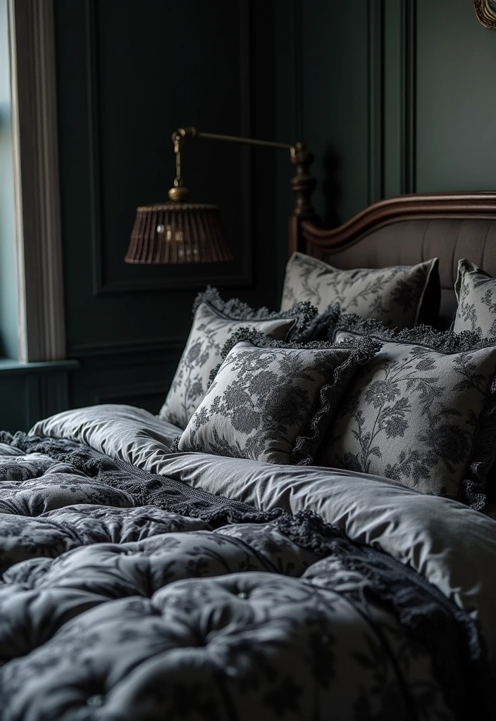 25+ Whimsy Goth Bedroom Ideas - 11. Gothic-inspired Bedding