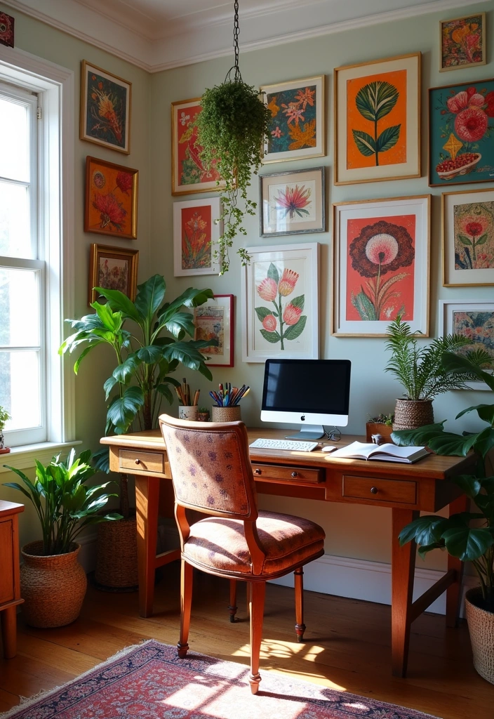 26+ Boho Home Office Ideas - 10. Colorful and Eclectic Artwork