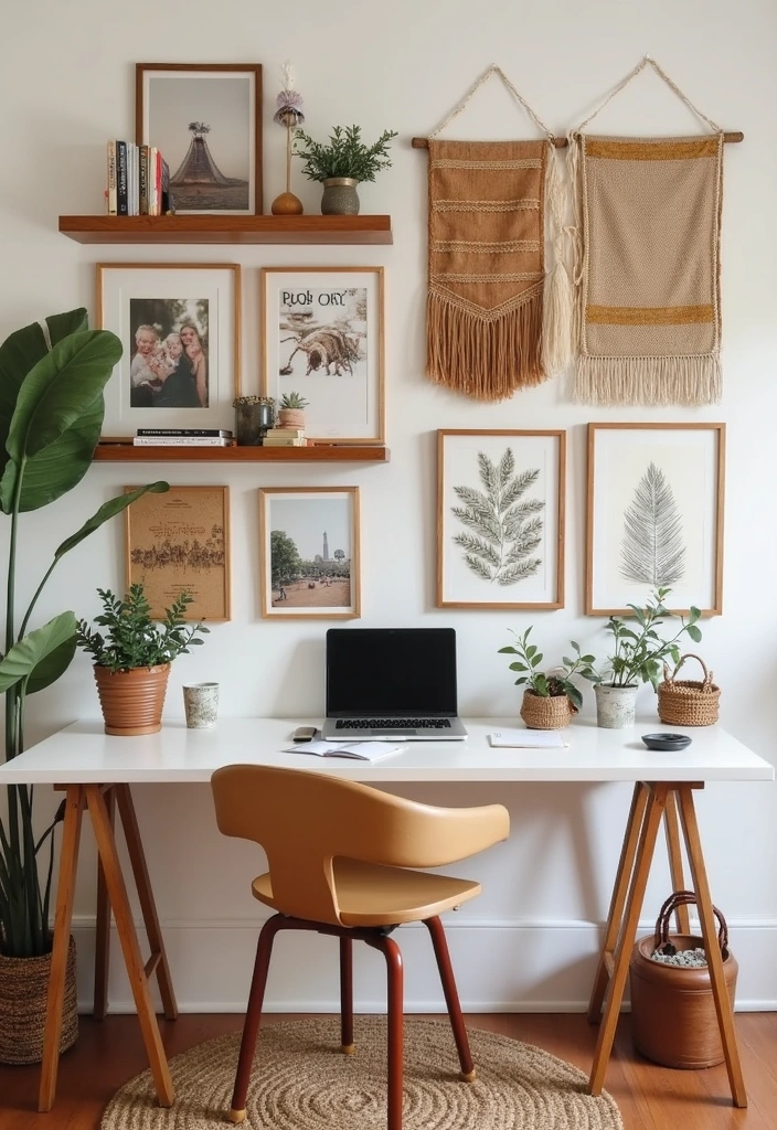 26+ Boho Home Office Ideas - 5. Creative Wall Decor