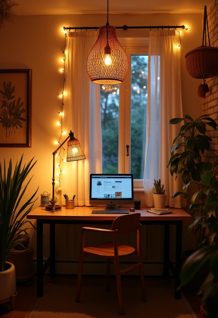 26+ Boho Home Office Ideas - 8. Artistic Lighting Solutions