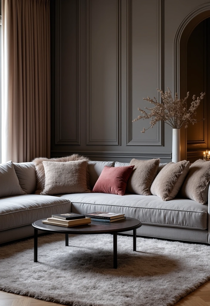 26+ Chic Living Room Ideas Around a Grey Sofa - 10. Luxe Textures