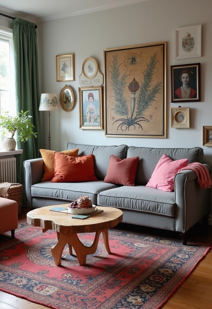 26+ Chic Living Room Ideas Around a Grey Sofa - 11. Eclectic Mix