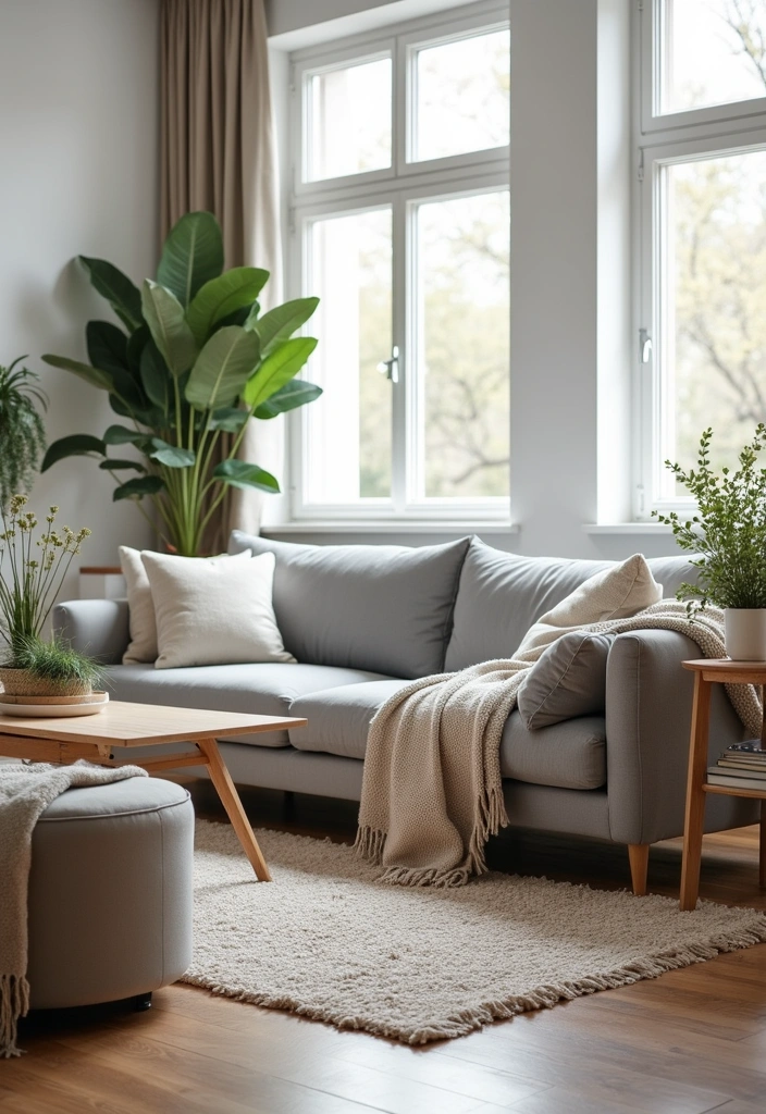 26+ Chic Living Room Ideas Around a Grey Sofa - 12. Zen Retreat