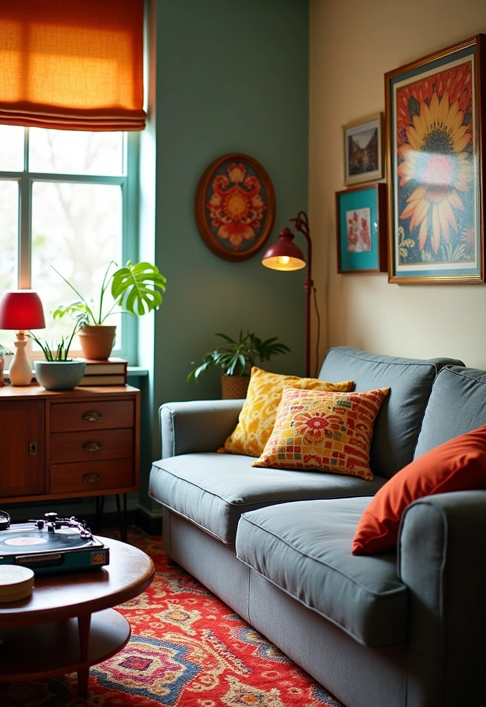 26+ Chic Living Room Ideas Around a Grey Sofa - 13. Retro Revival