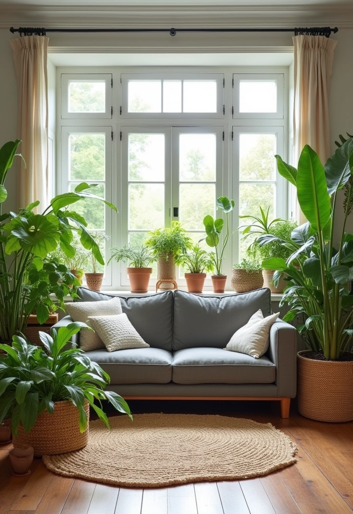 26+ Chic Living Room Ideas Around a Grey Sofa - 14. Urban Jungle