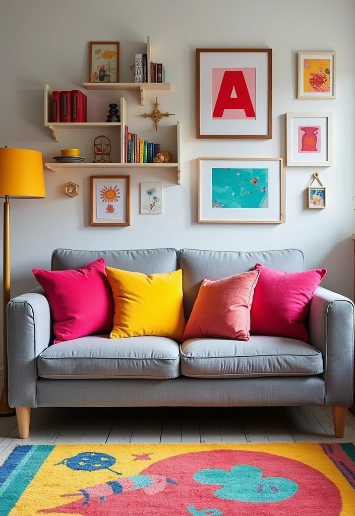 26+ Chic Living Room Ideas Around a Grey Sofa - 15. Color Pop Accents