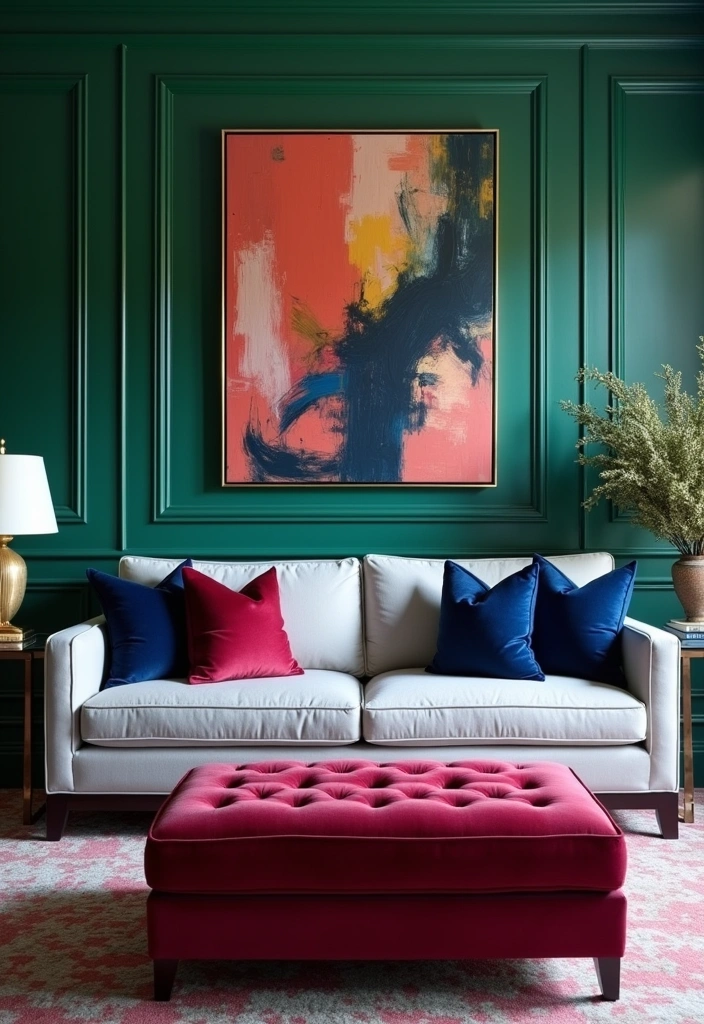 26+ Chic Living Room Ideas Around a Grey Sofa - 2. Bold Jewel Tones