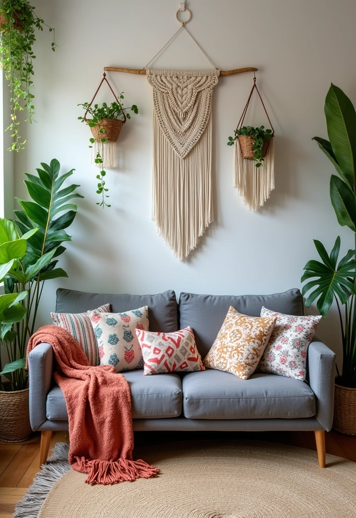 26+ Chic Living Room Ideas Around a Grey Sofa - 3. Cozy Bohemian Vibes