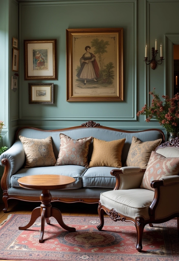 26+ Chic Living Room Ideas Around a Grey Sofa - 6. Vintage Charm