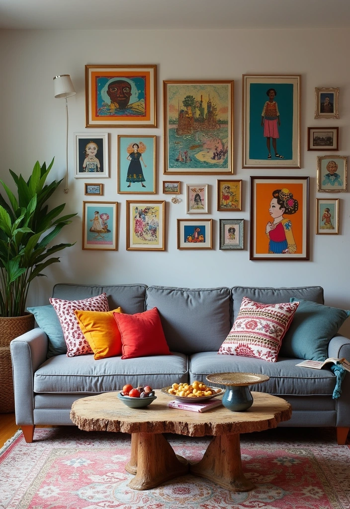 26+ Chic Living Room Ideas Around a Grey Sofa - 9. Artistic Flair