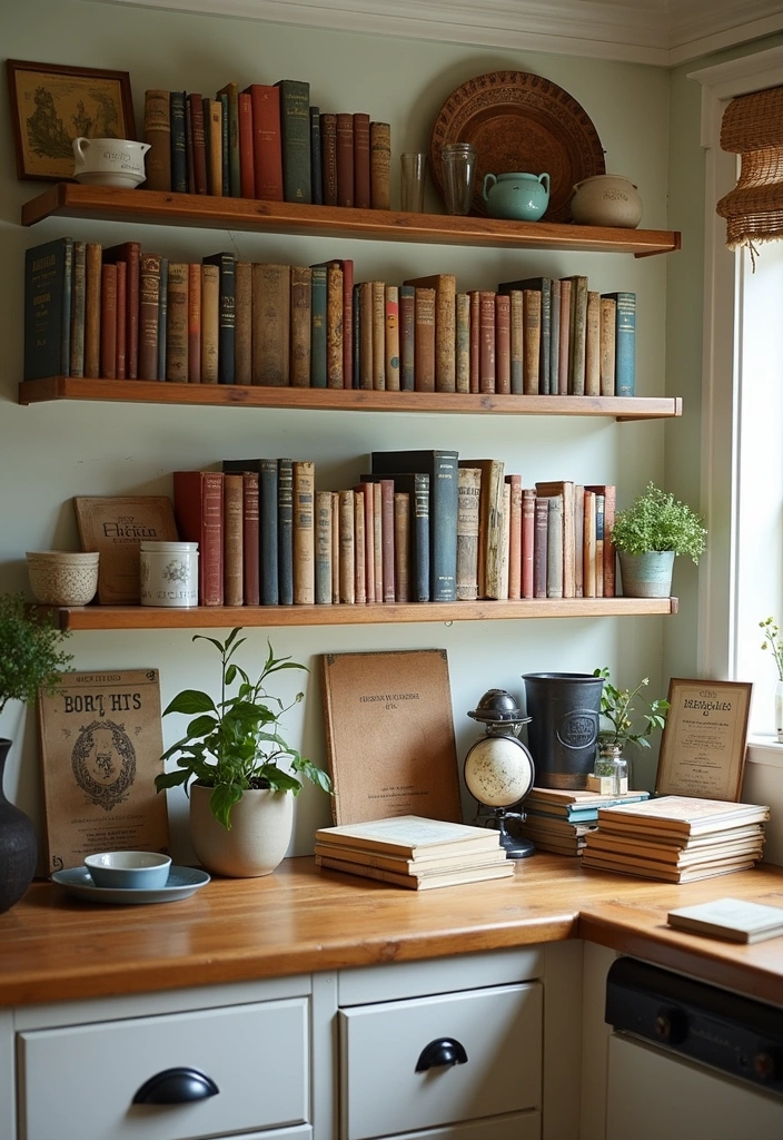 26+ Cottage Kitchen Ideas to Inspire Rustic Charm - 20. Vintage Cookbooks and Displays