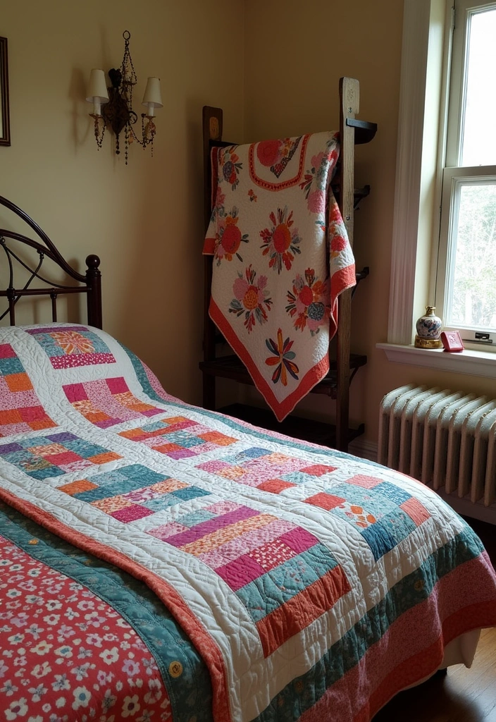 26+ Cozy Country-Themed Bedroom Ideas - 16. Quilt Displays and Throws