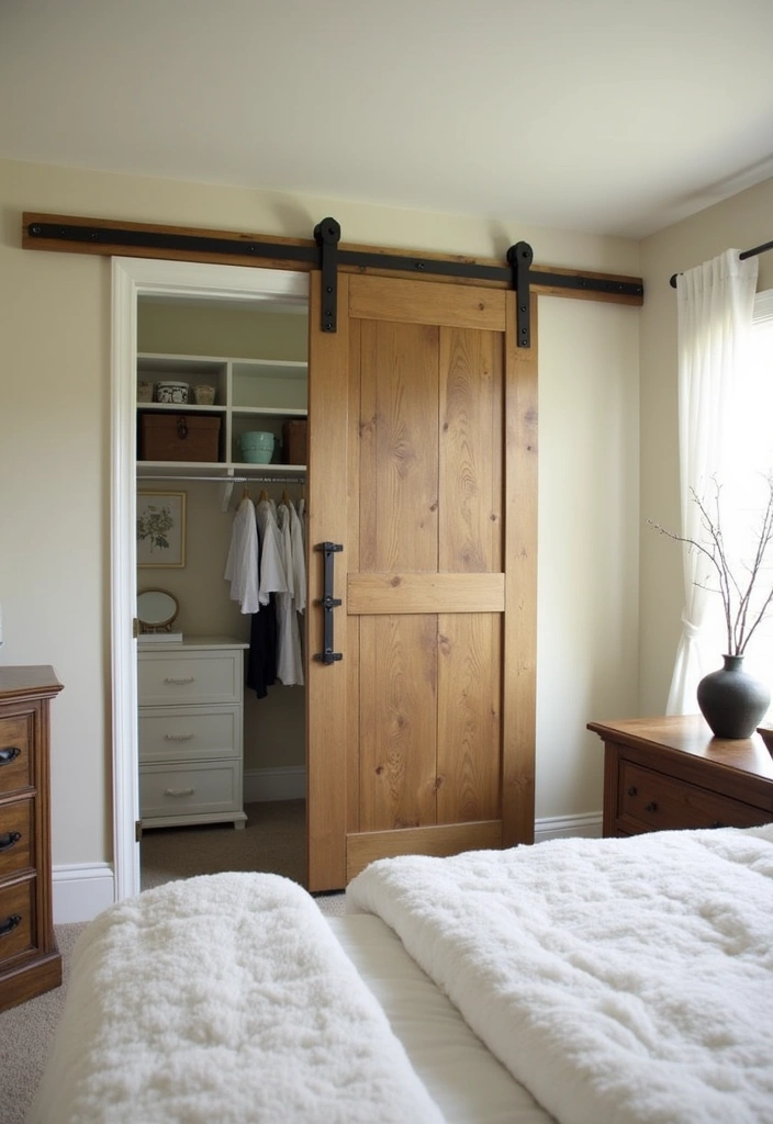26+ Cozy Country-Themed Bedroom Ideas - 6. Barn Door Accents