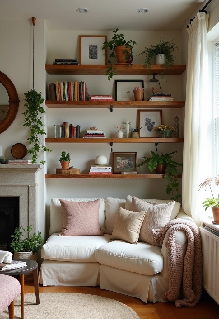26+ French Cottage Living Room Ideas - 11. Open Shelving