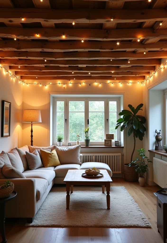 26+ French Cottage Living Room Ideas - 2. Rustic Wooden Beams