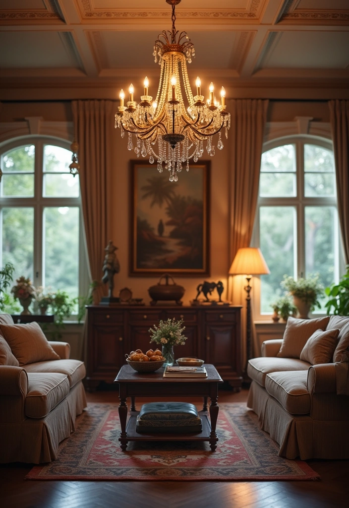 26+ French Cottage Living Room Ideas - 5. Elegant Chandeliers