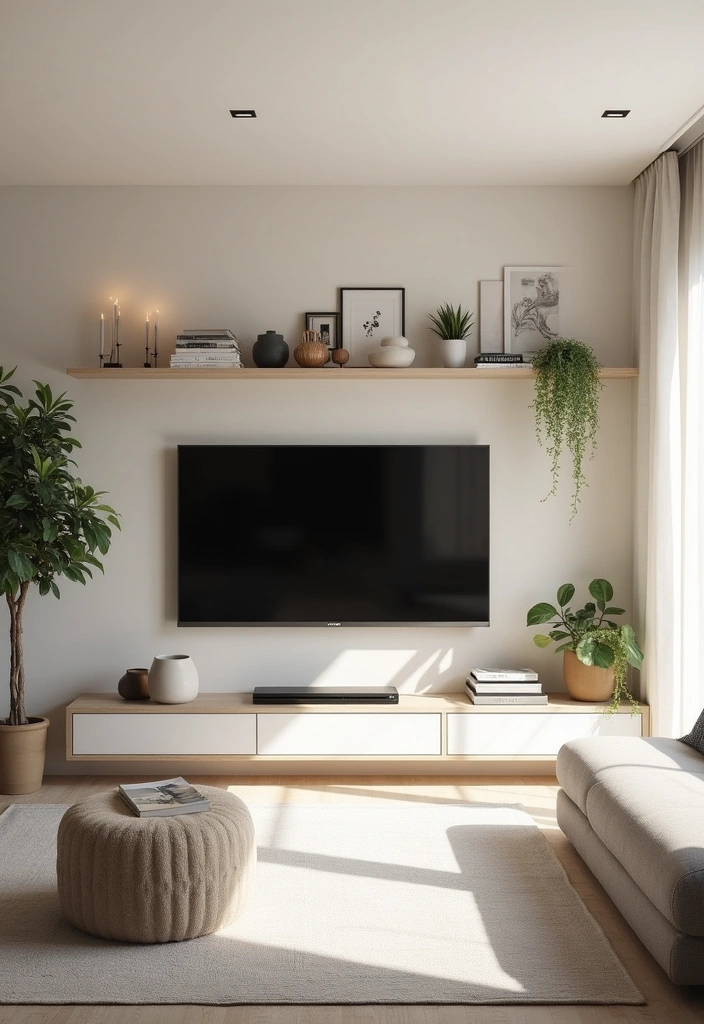 26+ Modern TV Wall Ideas to Elevate Your Home Decor - 1. Floating Shelves for a Sleek Look