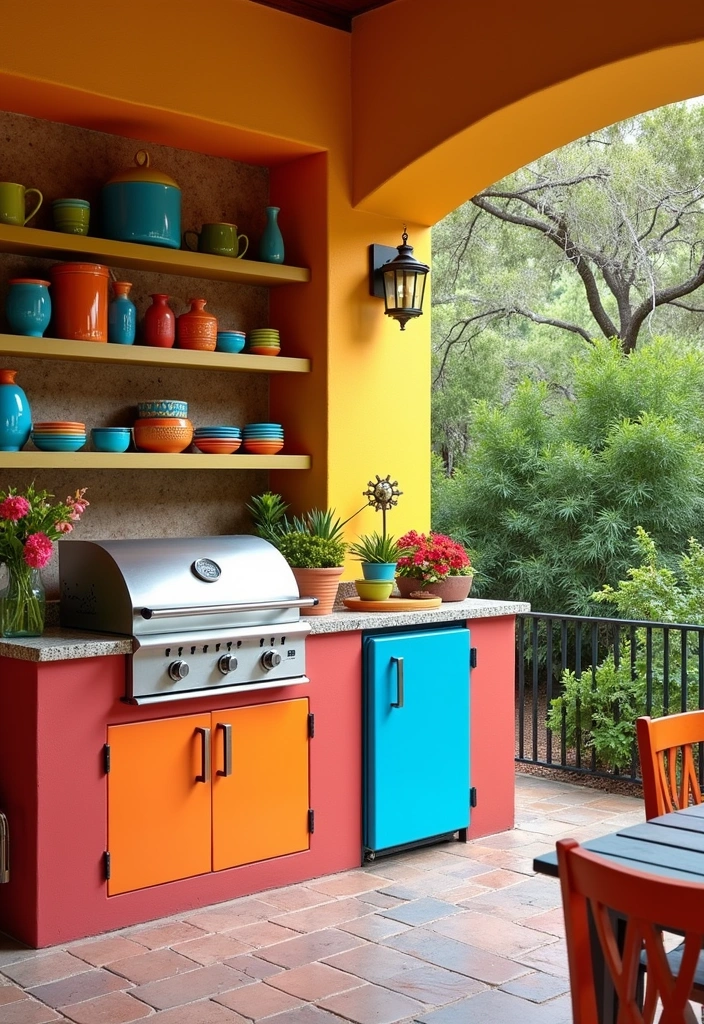 26+ Outdoor Kitchen Ideas to Elevate Your Home Decor - 13. Colorful Outdoor Kitchen
