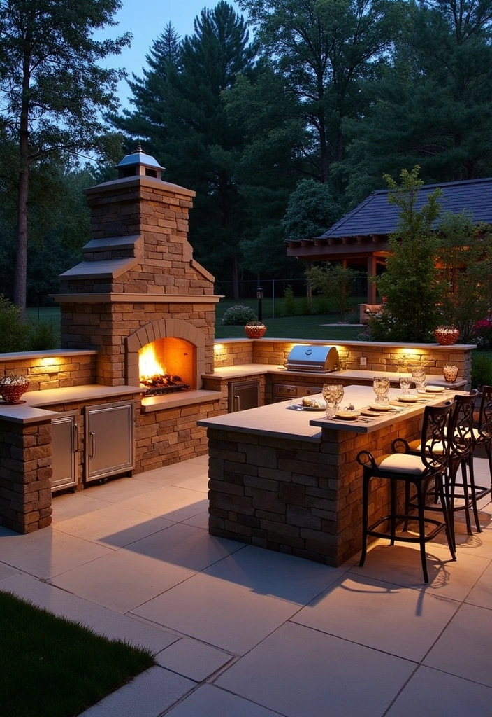 26+ Outdoor Kitchen Ideas to Elevate Your Home Decor - 8. Elegant Outdoor Kitchen with a Fireplace