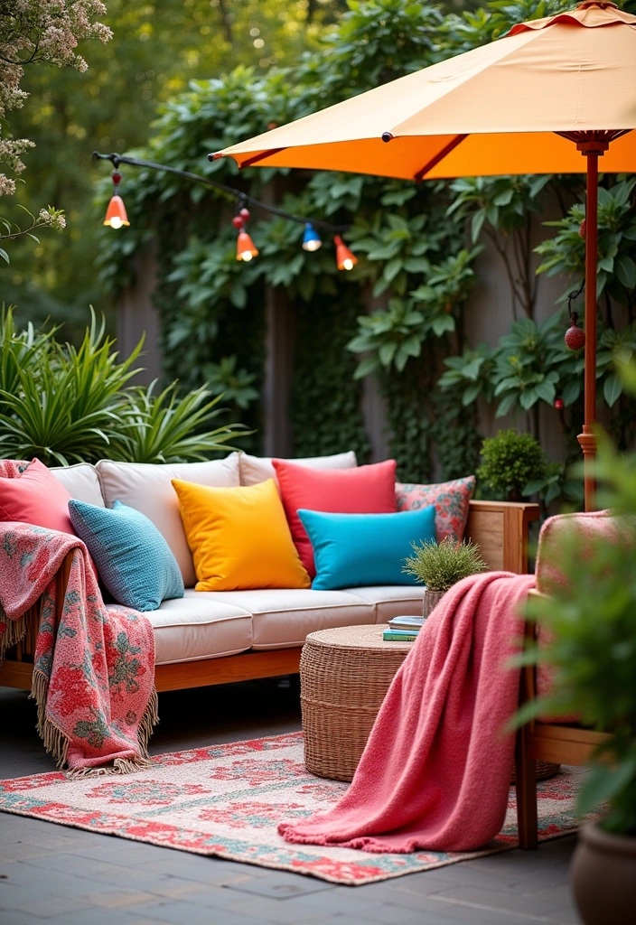 26+ Stunning Outdoor Patio Decor Ideas - 11. Colorful Pillows and Throws