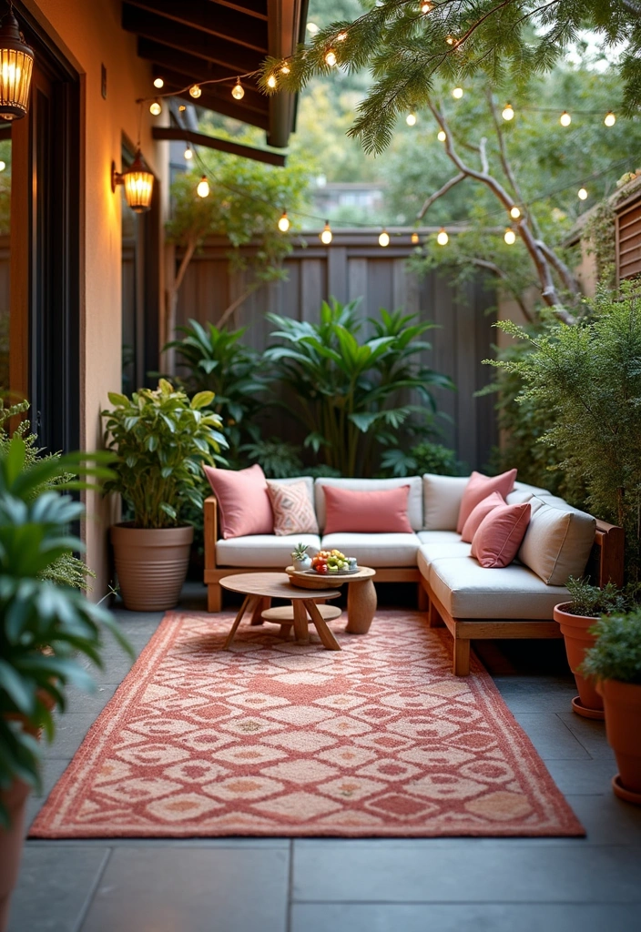 26+ Stunning Outdoor Patio Decor Ideas - 7. Cozy Outdoor Rugs