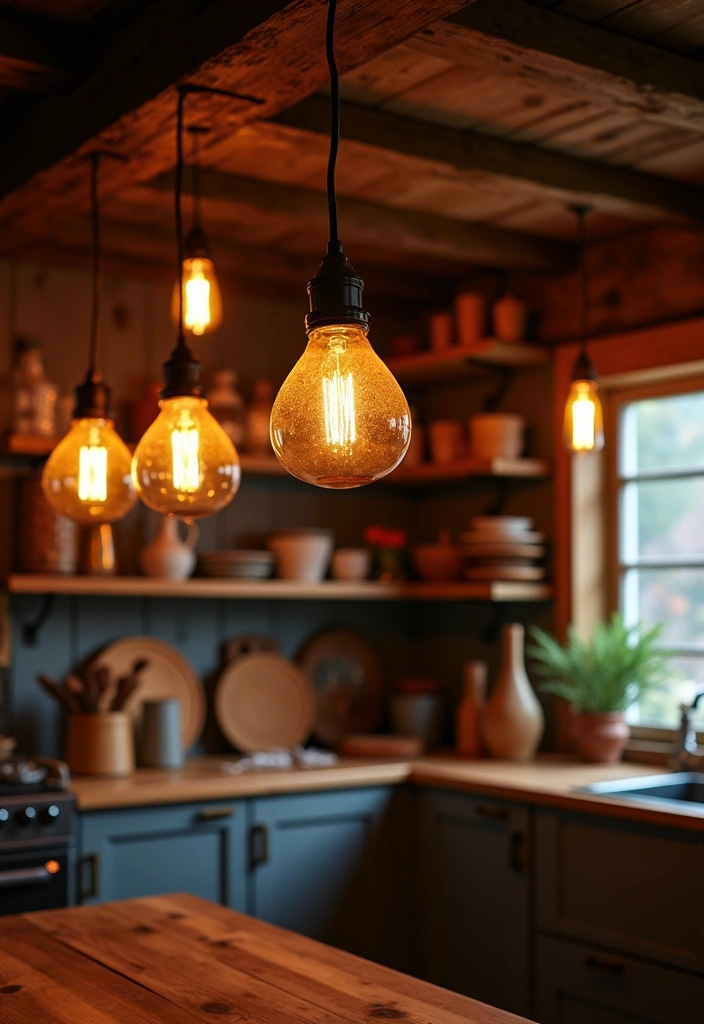 26+ Warm Rustic Kitchen Ideas - 14. Warm Lighting Fixtures