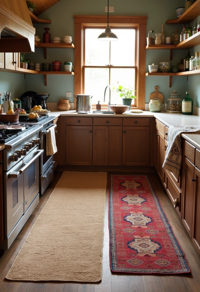 26+ Warm Rustic Kitchen Ideas - 16. Layered Rugs