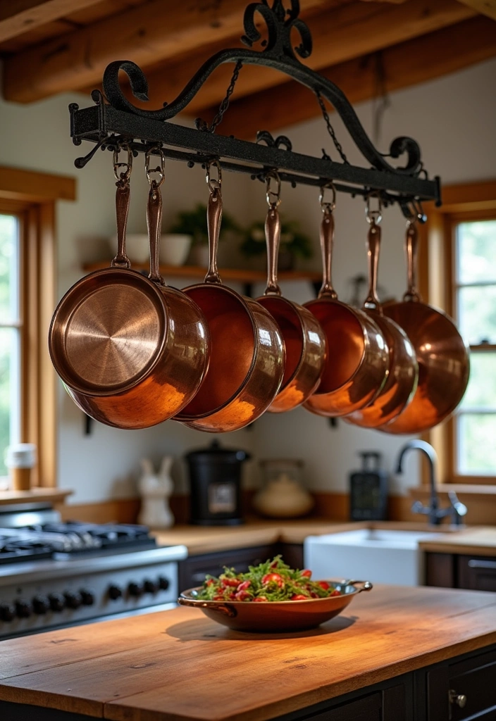 26+ Warm Rustic Kitchen Ideas - 17. Pot Rack Displays