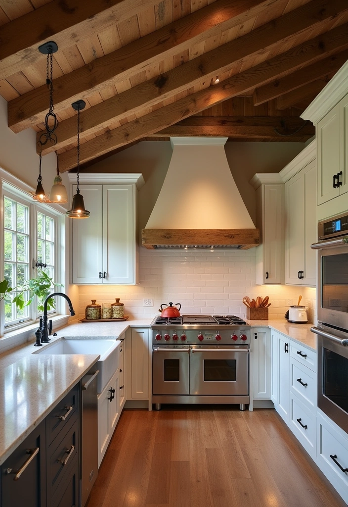 26+ Warm Rustic Kitchen Ideas - 18. Ceiling Beams