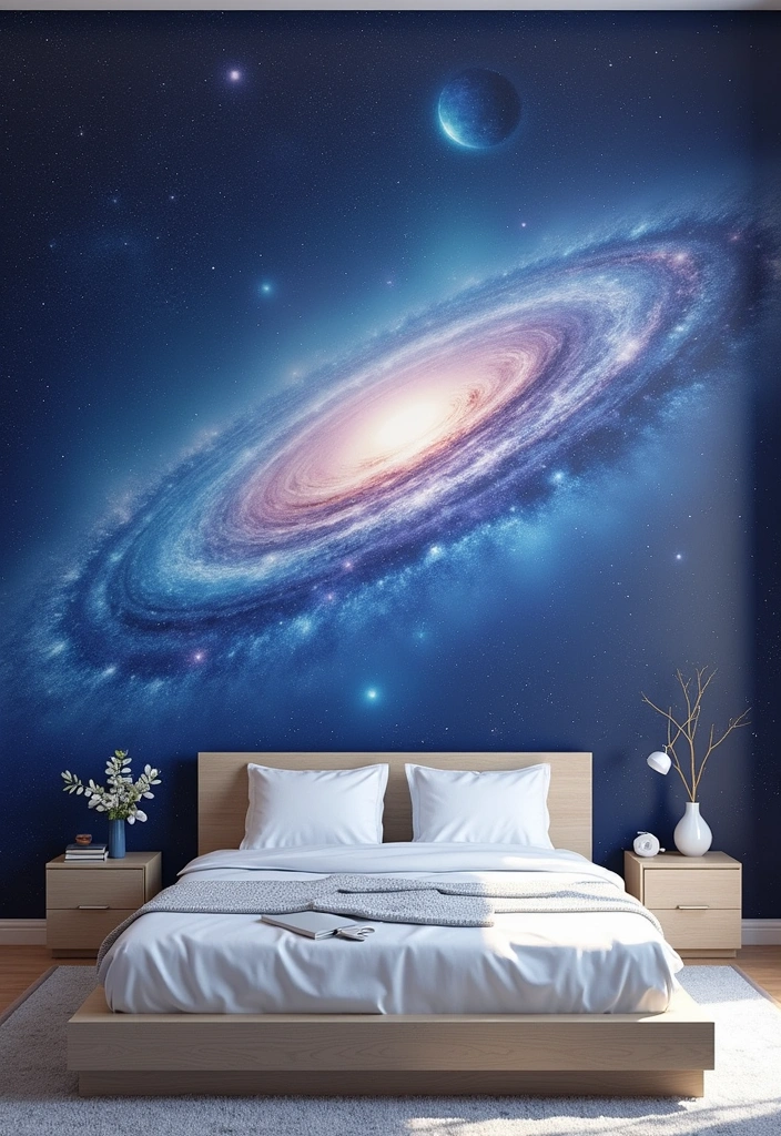 27+ Celestial Bedroom Aesthetic Ideas - 2. Ethereal Galaxy Wall Mural