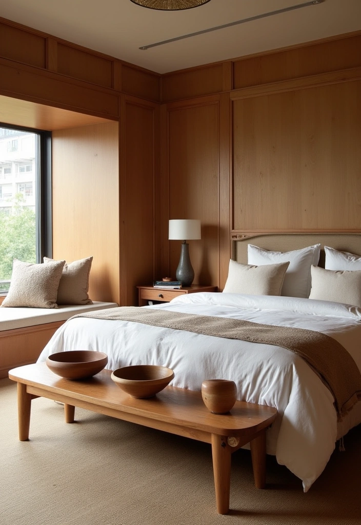 27+ Creative Japandi Bedroom Ideas - 12. Wooden Accent Pieces