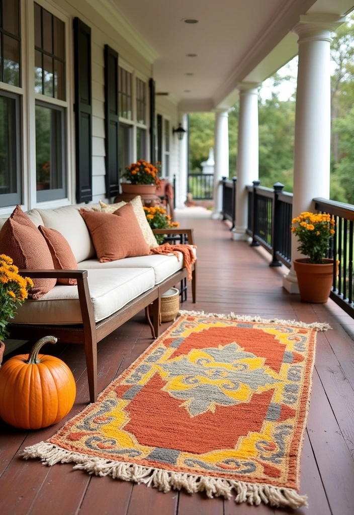 27+ Perfect Fall Porch Decor Ideas - 13. Outdoor Rugs for Comfort